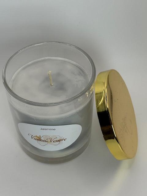 Marble Jasmine Candle - 10 oz container with Lid - black white soft grey