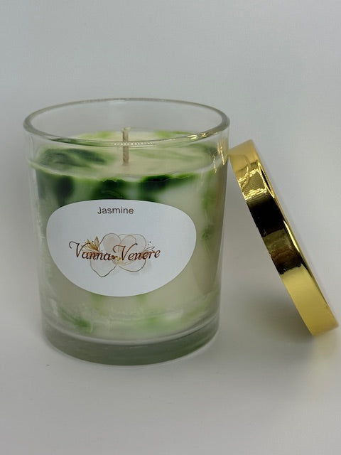Marble Jasmine Candle - 10 oz container with Lid - Green White