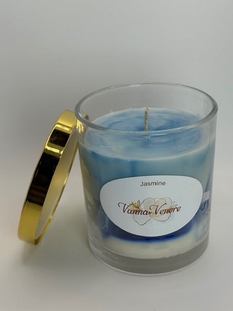 Marble Jasmine Candle - 10 oz container with Lid - Blue White